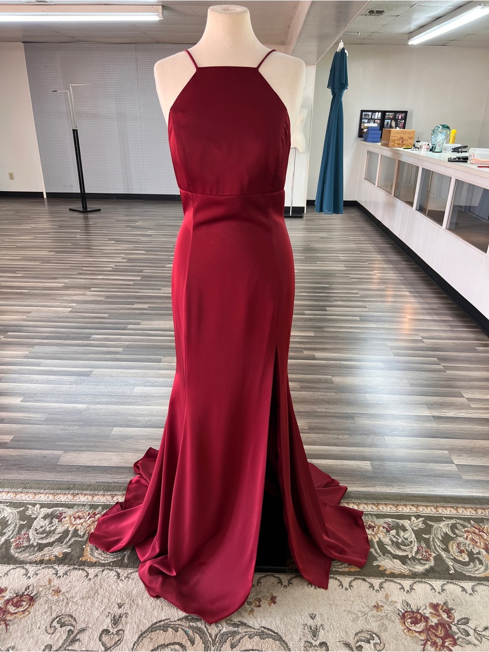 Jovani Burgundy Halter Prom Gown